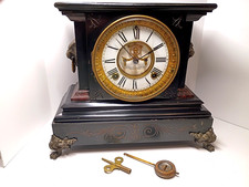 Antique Ansonia Black Iron Open Escapement Mantle Clock Lions Head Runs Strikes picture