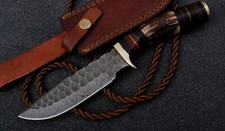 Custom Made Damascus Steel Bowie Knife Stag Handle Brass Guard W/ Leather Sheath picture