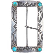 c1940's vintage Navajo hand stamped sterling silver belt buckle with turquoise picture