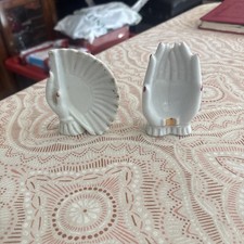 2 Vintage Small White Porcelain Offering Hand 1950s Japan Ashtray & Ring Holder picture