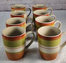 Pier 1 Valencia Coffee Cups Mugs, Handpainted, Orange, Red, Green Beige Set Of 8 picture