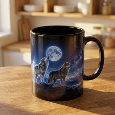Howling Wolves Moon Night Mug | Black Ceramic Coffee Cup picture