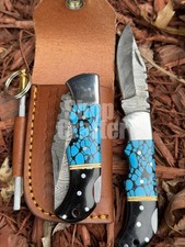 Collectible Handmade Damascus Steel Turquoise Stone Folding Hunting Pocket Knife picture
