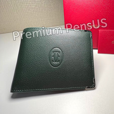 CARTIER Green Leather Bifold Wallet Silver Corner Accent Luxury Vintage picture