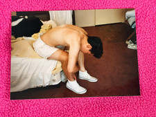 MALE BEAUTY bed SNAPSHOT PHOTO gay interest UNDERWEAR waking up TIE SHOES picture