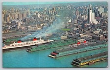 1964 NYC Piers Aerial Postcard SS France & SS United States Ocean Liners picture