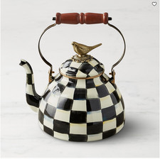 MacKenzie-Childs Courtly Check Tea Kettle Bird Knob 3 Qt Enamel Steel picture