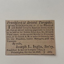 Frankford & Bristol Turnpike J Inglis Phila 1806 Philadelphia Clipping SAJ5-S38 picture