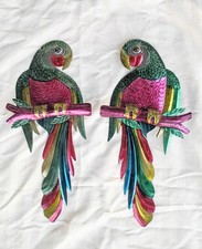 Pair Vintage Mid Century Colorful Pressed Tin Wall Mount Parrots, Glass Eyes picture