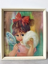 Vintage 1960s 70s Big Eyed Girl Print Red Bow Mirror Pears Framed Retro Kitsch picture