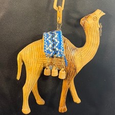 Vintage Hand Carved Wood Camel Figurine with Hanging Chain Folk Art Middle East picture