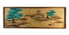 Vintage MCM Asian Gravel Art Wall Panel Pagoda Sailboat 36.5” Framed picture
