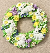 VTG Floral Bunny Rabbit Wreath Resin Wall Hanging Easter Spring Decor 8