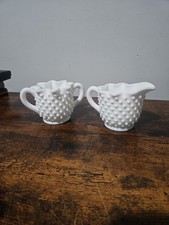 Fenton Milk Glass Hobnail Star Top Crimped Ruffled Sugar & Creamer Set Vintage picture