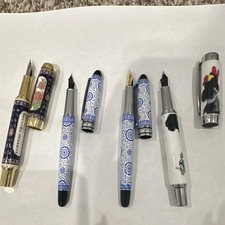 Lot of 4 Metal Fountain Pens Gold & Chrome Trim Blue/White, Floral, Rooster picture