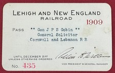 1909 Lehigh and New England Railroad Annual Cardstock Pass picture