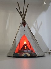 Vintage Native American Canvas Tabletop Teepee Lamp Night Light Flickering Flame picture