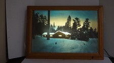 VINTAGE LIGHTED WOOD FRAMED SERENE CABIN HOUSE SNOW SCENE PICTURE HELMSCENE USA picture