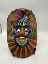 Vintage Mexican Folk Art Terracotta Clay Mask Hand Painted Birds Wall Decor 6” * picture