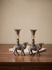 Vintage Pair Camel Candle Holders Brass Tone Amber Glass Middle Eastern Decor picture