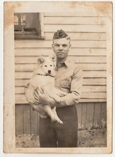 c1940s WWII Soldier Holding White Dog Sweetheart Inscribed Vintage Photo picture