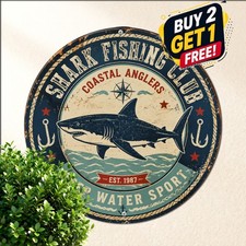 Shark Fishing Club Round Metal Sign Vintage Marine Ocean Sailor Tin Wall Plaque picture