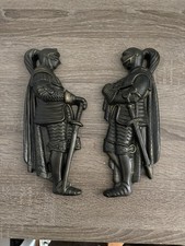 Vintage 1967 Medieval Knight Wall Plaques Pair Black Gold Armor Sword MCM Decor picture
