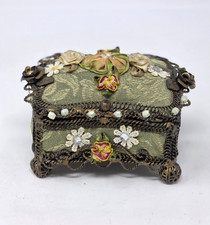 Antique Victorian Silk Brocade Trinket Jewelry Box Ribbonwork Flowers Ornate picture