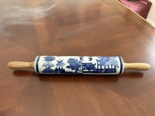 Vintage Blue Willow Ceramic And Wood Rolling Pin  Chinoiserie Pagoda Landscape picture