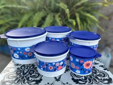 Tupperware Beautiful FLOWER Theme Stacking Canister Set/5  Blue/White NEW picture
