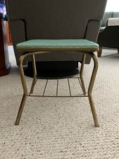 Vtg MCM Brass Legs with Underneath Rack Vinyl Covered Footstool; 15
