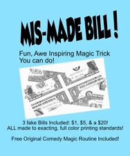 6 MISMADE BILL MAGIC TRICK  - 6 fake Accurate Looking Bills w/Comedy Routine  picture