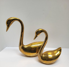 Vintage Pair of Large Brass Swans Sculptures MCM Patina Aging 11in & 9in Tall picture