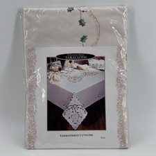 C&F Christmas Holly Holiday Tablecloth NIP 66” Round Vintage Embroidered picture