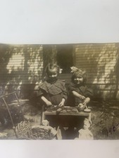 Vintage 1907 B&W Photo Little Girls tea Party Snapshot Dolls Americana cute bow picture