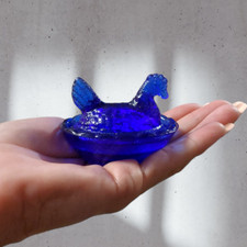 Cobalt Blue Glass Depression Style Hen on Nest Chicken Salt Dish, VTG Style picture