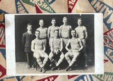 Antique 1910s men collegiate basketball RPPC black and white photo postcard picture