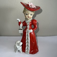 Vintage SHAFFORD Japan Red Dress Lady White Poodle Dog Figurine Gold 2056 As Is picture