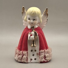 Vintage Christmas Angel Figurine Playing Trumpet Red Flocked Cloak Lace Japan  picture