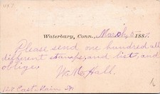 1887 Waterbury CT to Concord MASS Postal Card Philatelic Stamp Collector Order picture