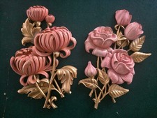 Vtg Syroco Pink & Gold Floral Wall Plaques Set MCM Rose Chrysanthemum 4460 READ picture