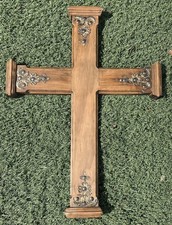 Large Wall Hanging Religious 28x20” Vintage Solid Wood & Brass Hand Made CROSS picture