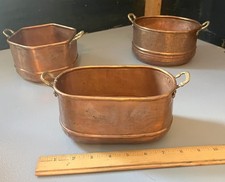 3 Vintage solid copper cooking pots with brass handles handmade sauce soup decor picture