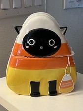 Candy Corn Cat Canister Ceramic Hand Painted Cute Halloween Decor NEW 9x8 inches picture