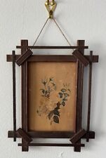 Antique Tramp Art Wood Frame  1870's Flowers Painting picture