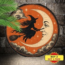 Halloween Witch Flying On Broomstick Round Tin Sign Red Black Spooky Wall Decor picture