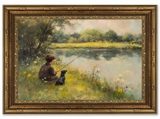 Vintage Gold Framed Wall Art Boy Fishing Country Painting Picture Peaceful La... picture