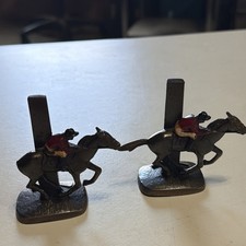 ANTIQUE USA CAST EQUESTRIAN HORSE FENCE JOCKEY RACING ART BOOKENDS Newport KY picture