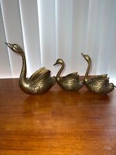 Vintage Mid Century Modern Brass Swan Mini Planters.   Vases Pair Set of 3 picture