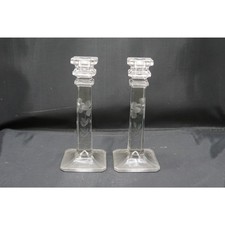 Antique Pair Etched Glass Candleholders – Square Base Tall Victorian Style picture